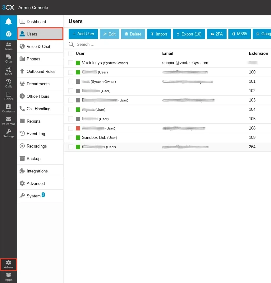 Users tab in 3CX Admin console