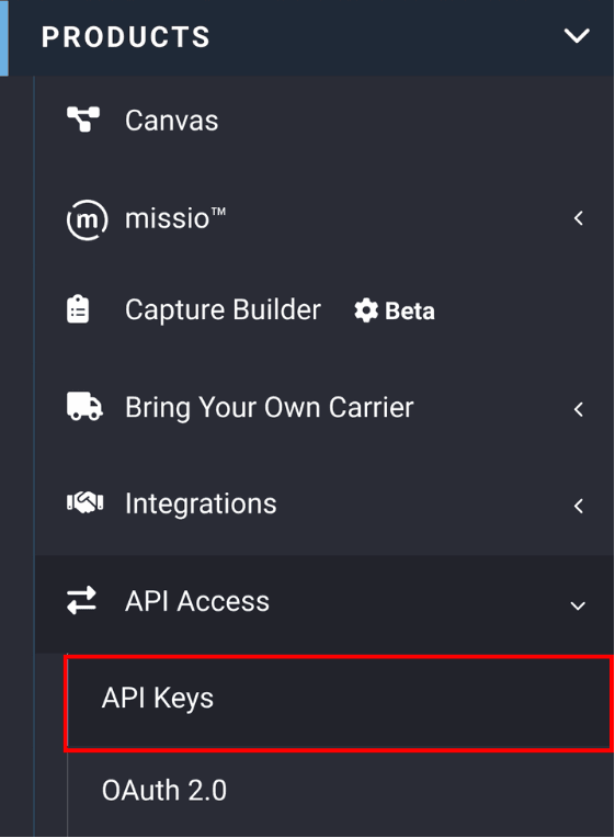 keys tab under API in the voxteleys portal