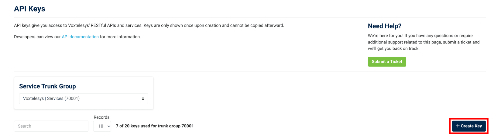 create key button in API keys