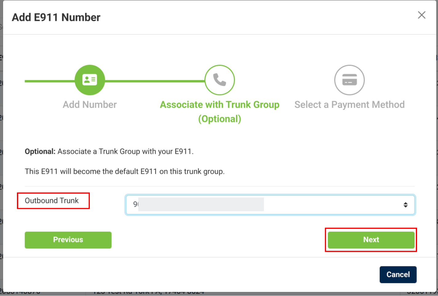 optional option to associate a trunk group with your e911 number