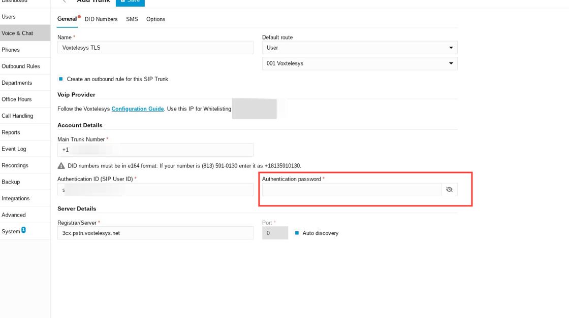 Authentication password field in 3CX