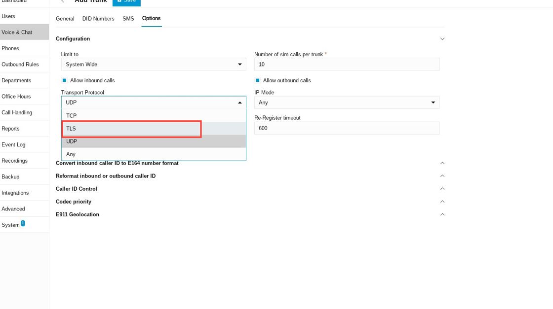 transport protocol field in the options tab