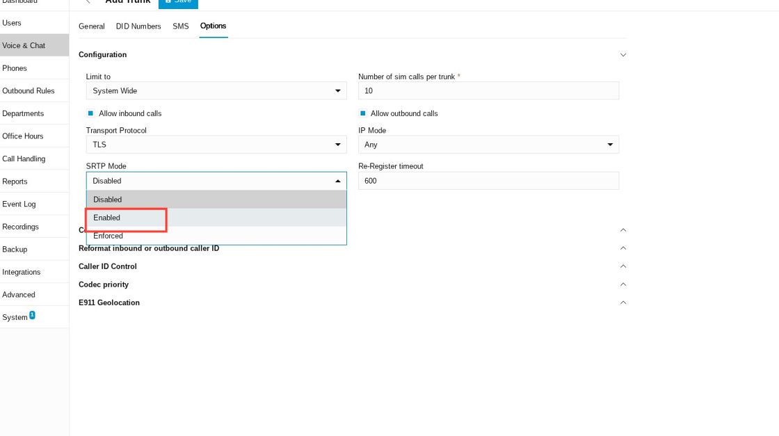 STRP mode drop down in 3CX in the options settings tab