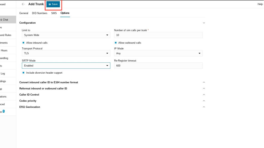 save button in add trunk page in 3CX