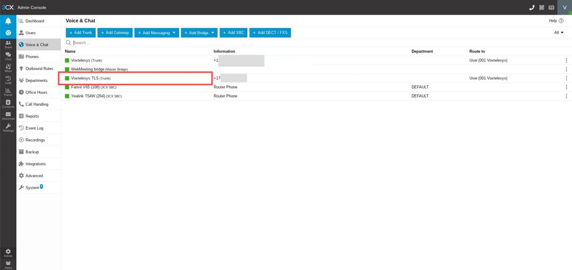 Voice and chat page with TLS trunk group