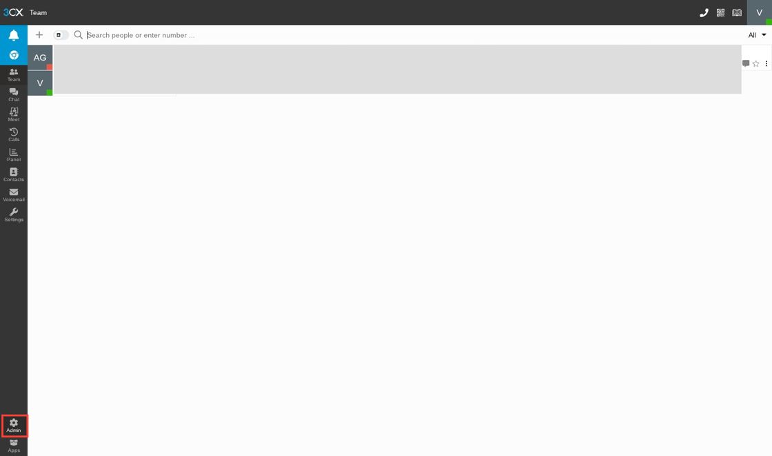 3CX page with red box over admin option in the lower left corner
