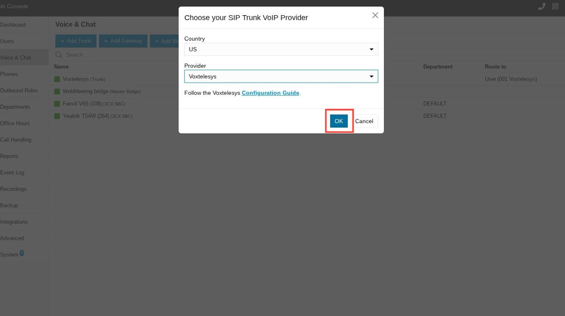 red box over ok button in the choose your SIP trunk VoIP provider box