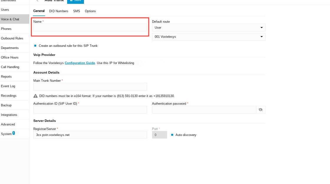 name field under add trunk in 3CX