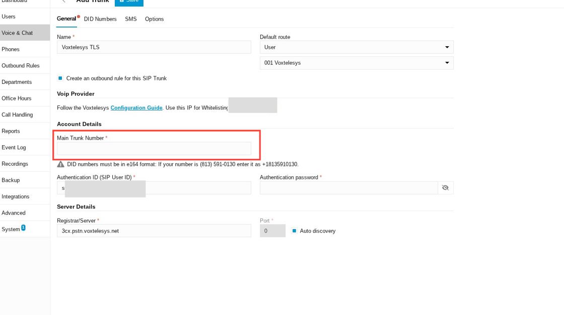 main trunk number field in general settings
