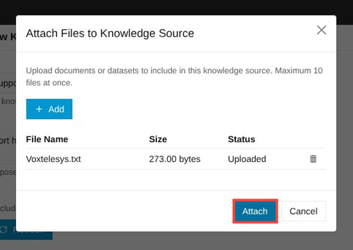 red box around attach button under the Attach files to knowledge sources box