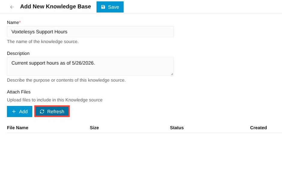 refresh button under Add new knowledge base