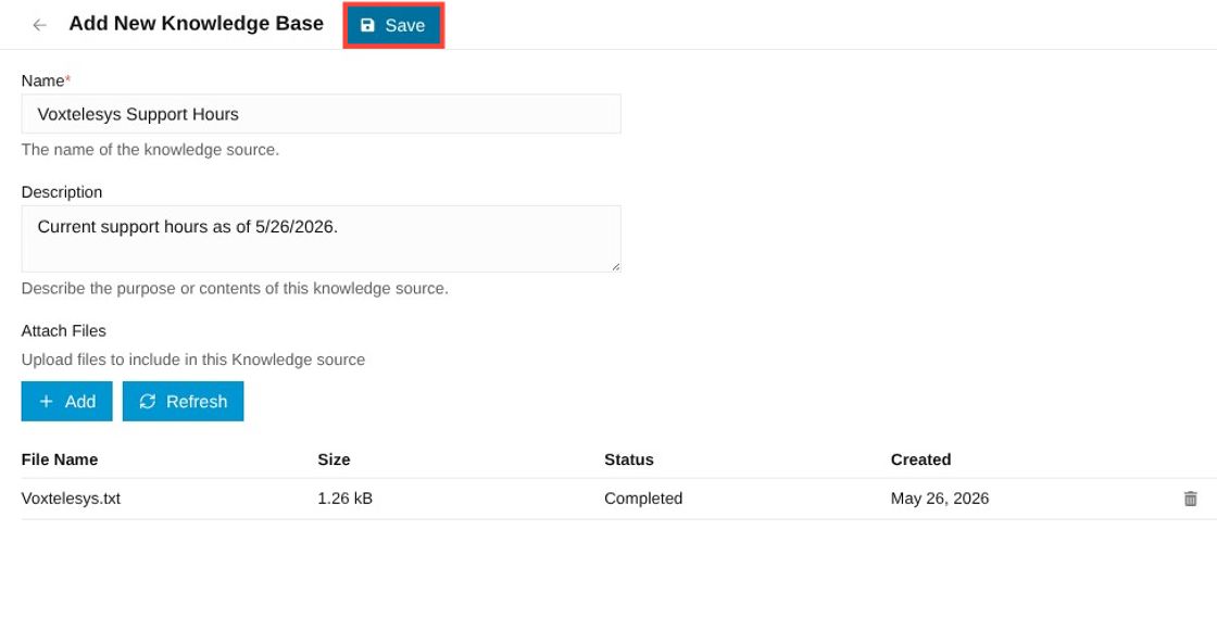 save button under add new knowledge base