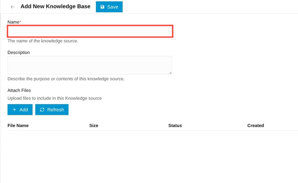 name field under add new knowledge base