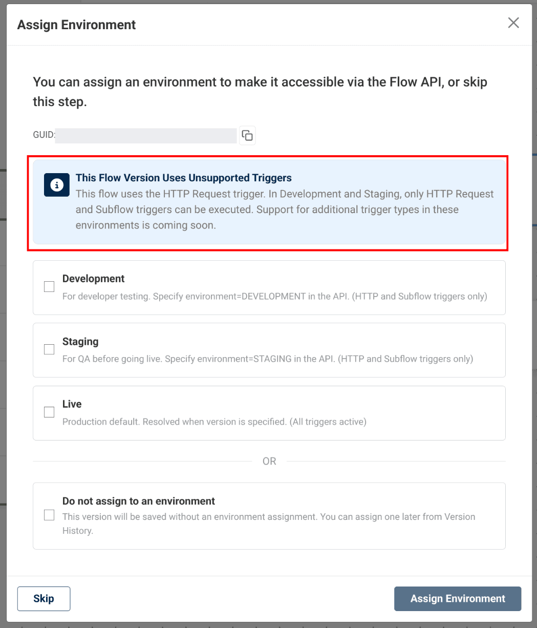 environment assignment warning if you assign to a flow with unsupported triggers