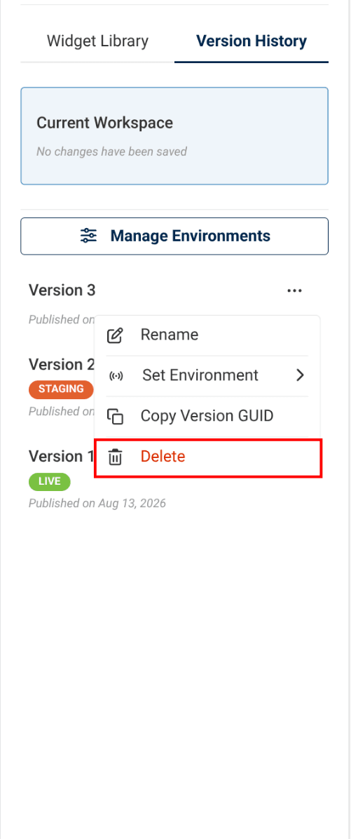 Image of version history tab with red box surrounding the delete button