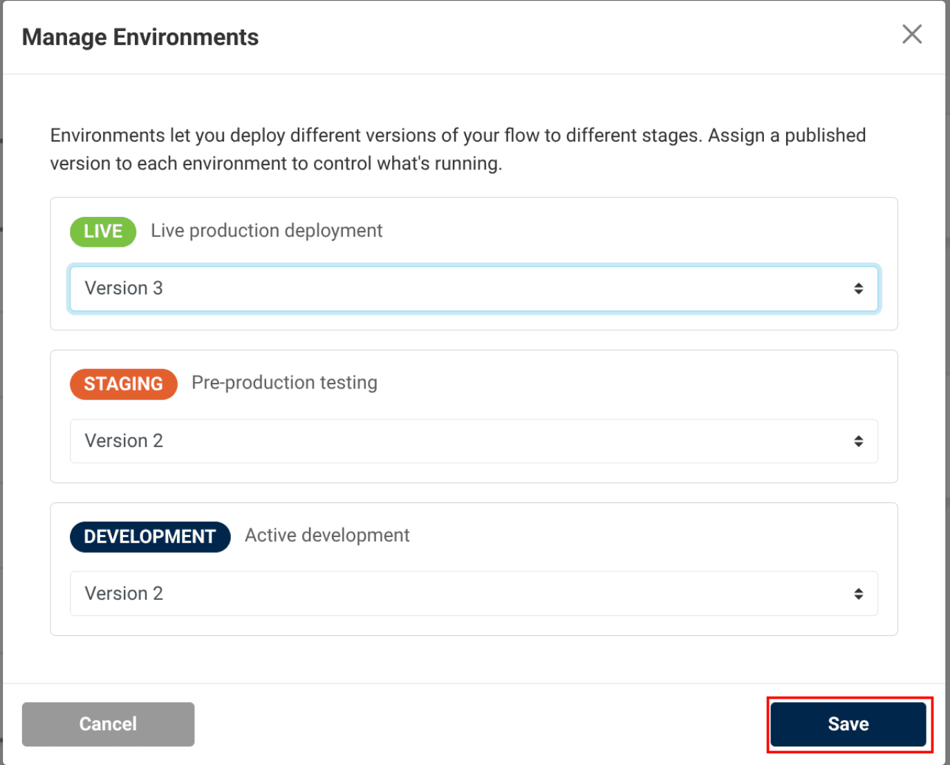 manage environments dropdowns