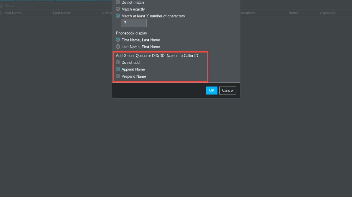 conact options settings in 3CX with red box around the Add group Queue or DID/DDI Names to Caller ID section