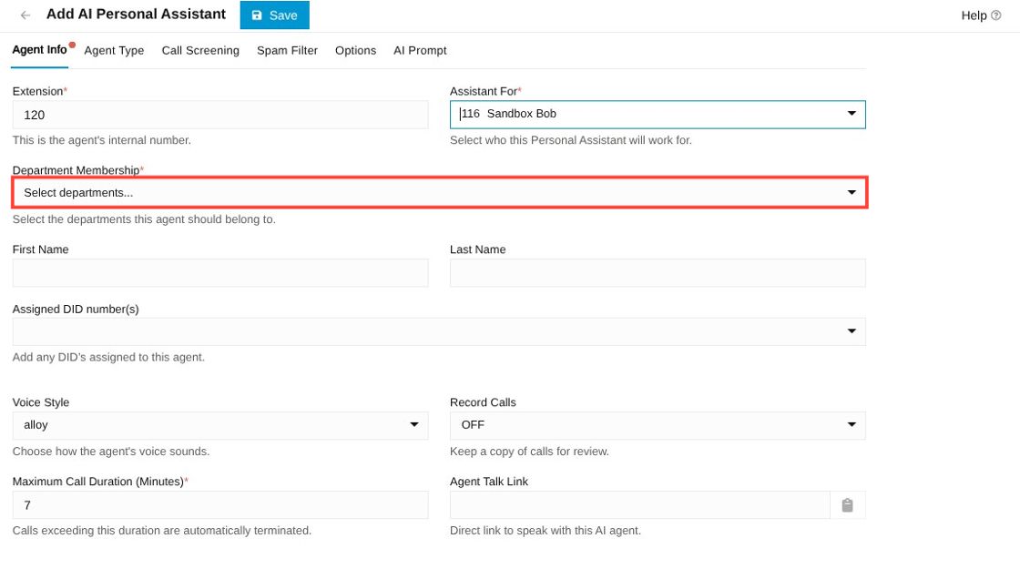 department membership dropdown under agent info
