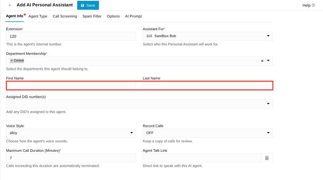 first and last name field in agent info