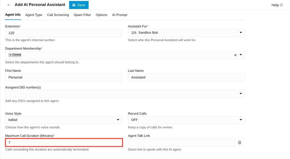 maximum call duration field under agent info