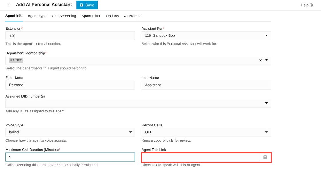 Agent talk link field