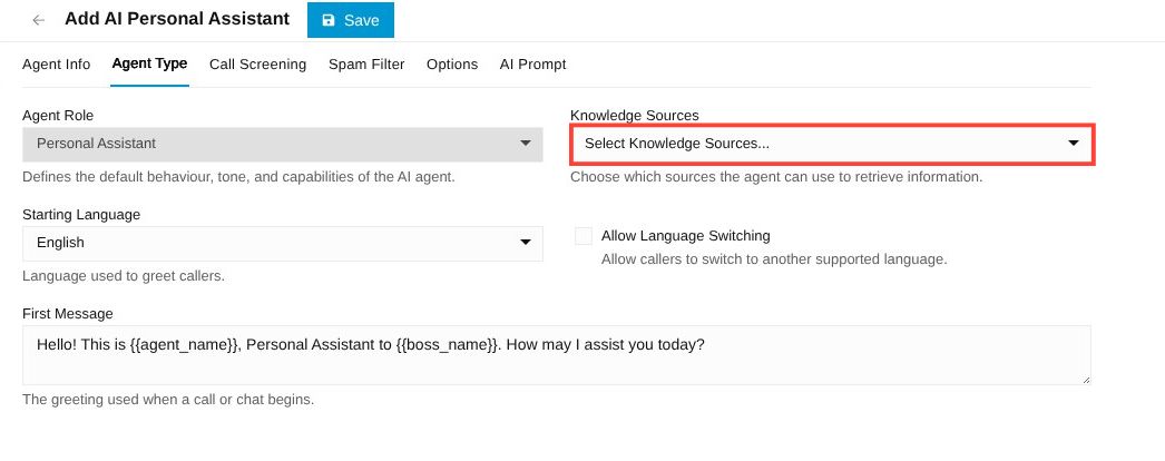 knowledge sources dropdown