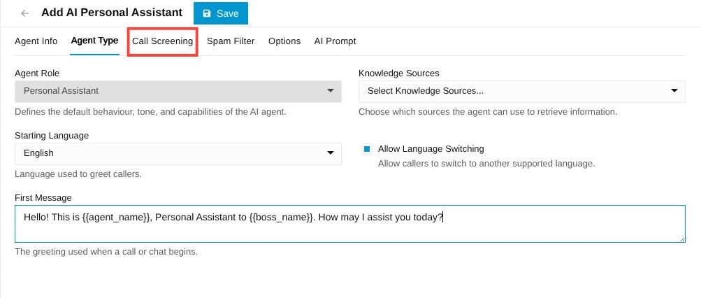 call screening tab