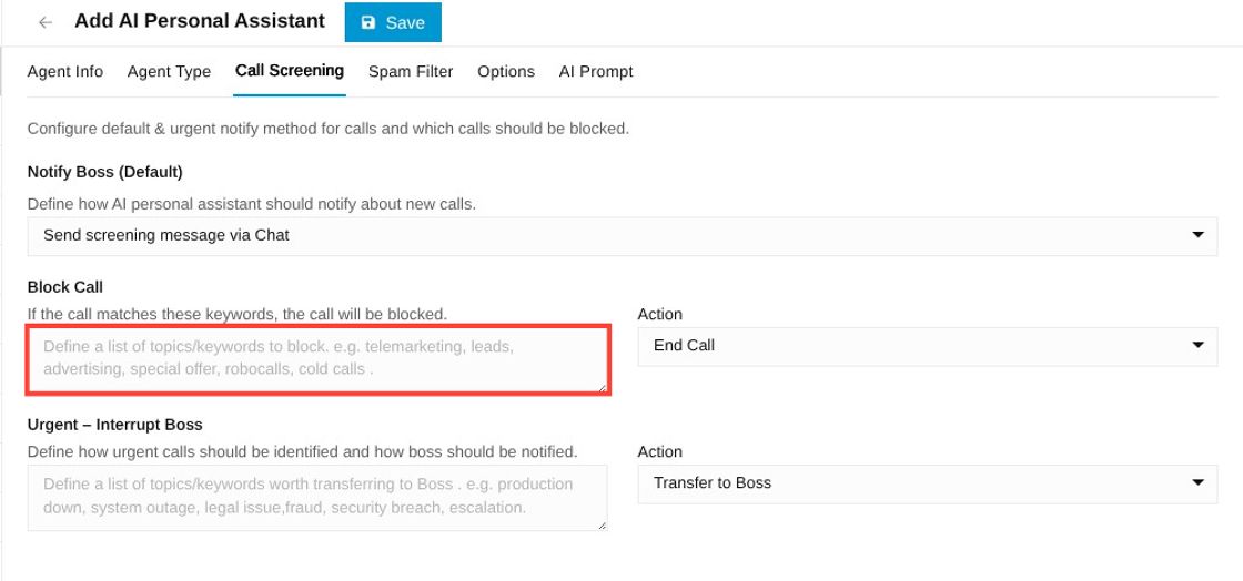 block call field under call screening