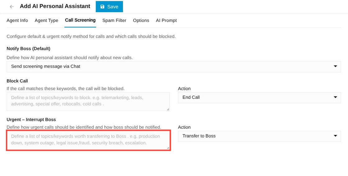 urgent call field under call screening