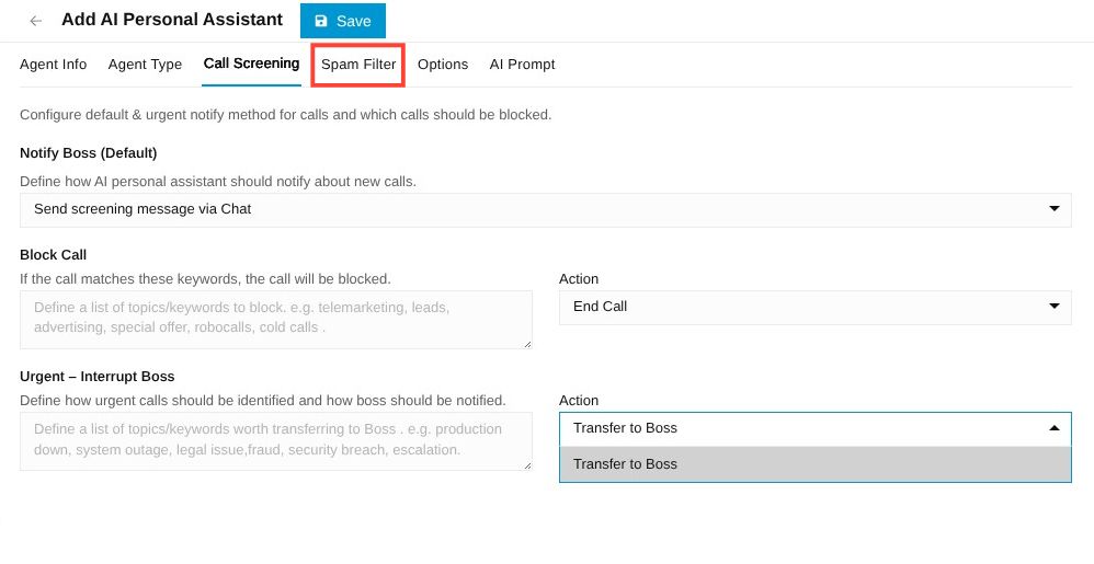 Spam filter tab