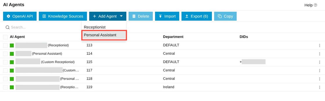 personal assistant option under add agent