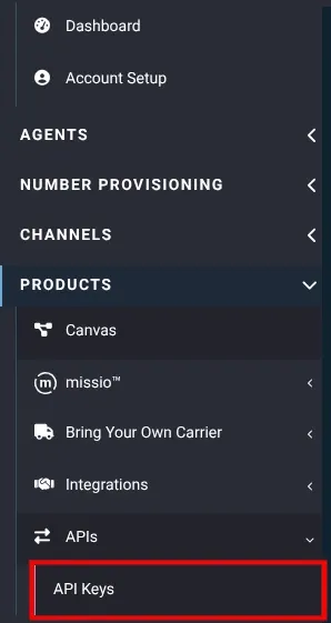 keys tab under API in the voxteleys portal