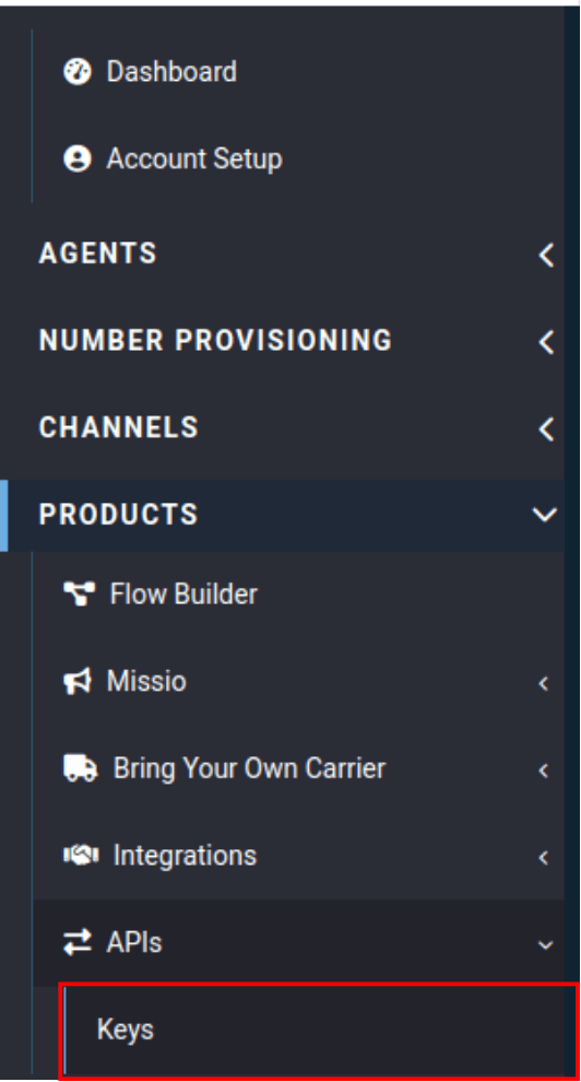 keys tab under API in the voxteleys portal