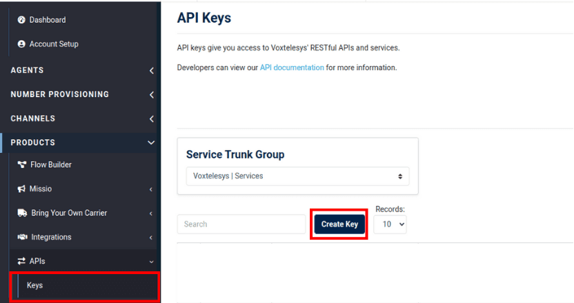 location of API keys in the voxtelesys portal