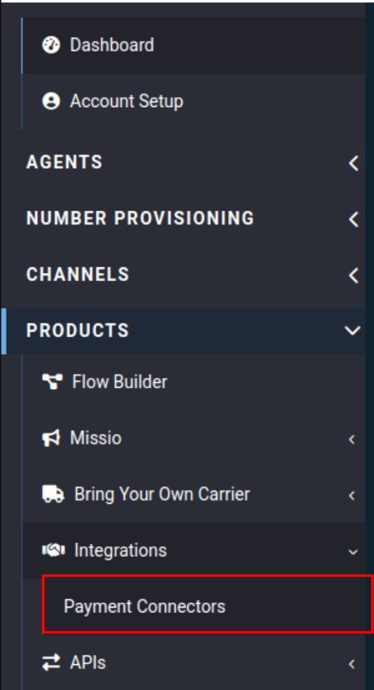 Pay Connector Location in the Voxtelesys Portal Sidebar