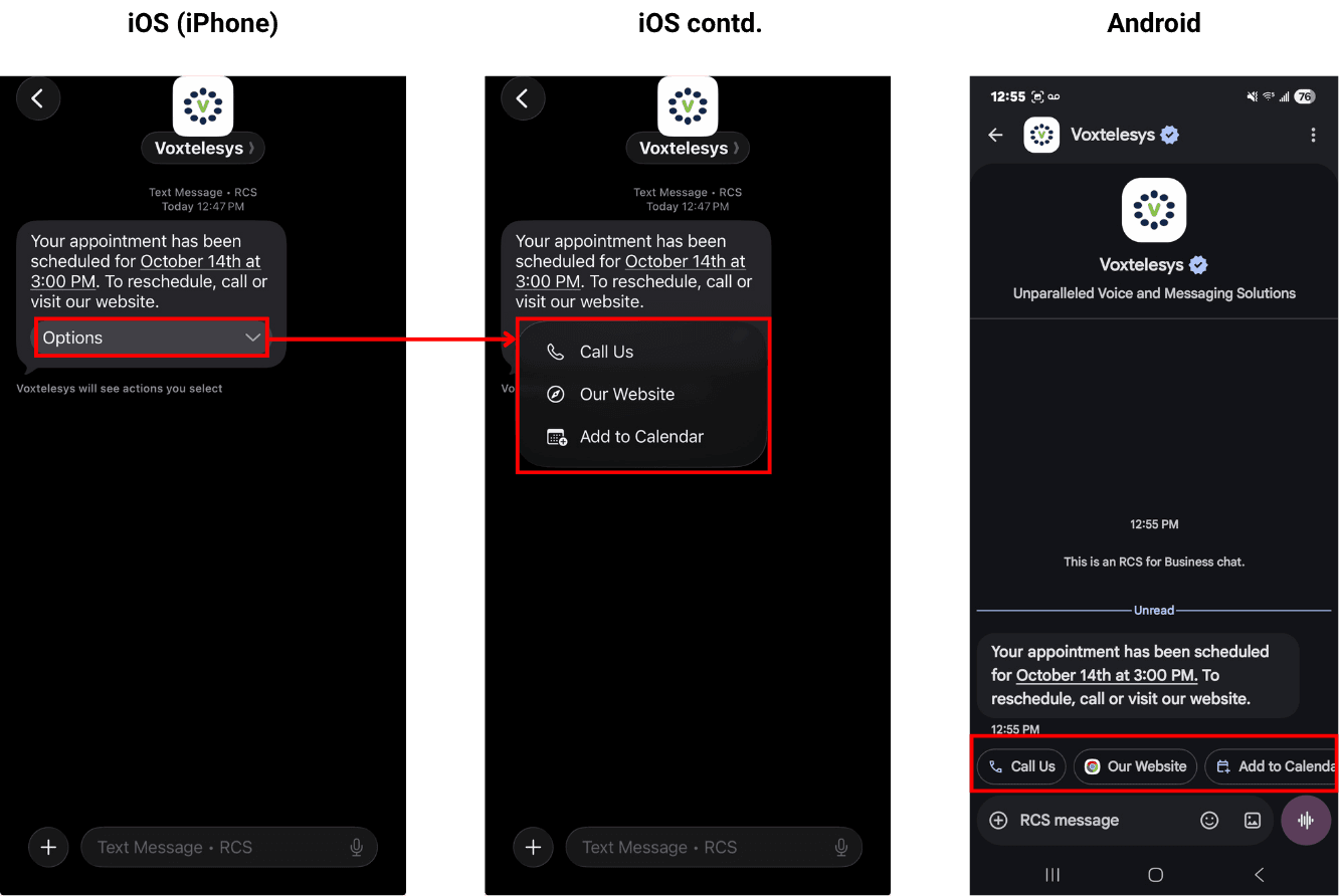 image with example of a RCS plain text message and secondary actions