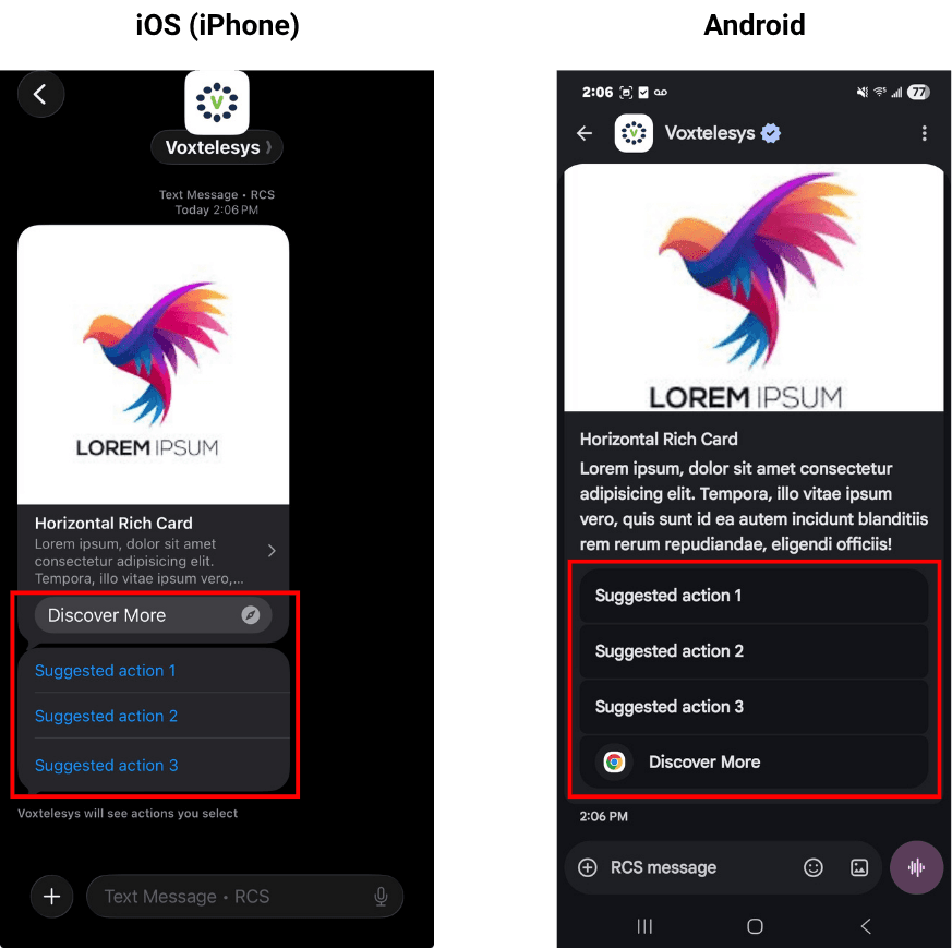 image of an rcs message with suggested actions and buttons