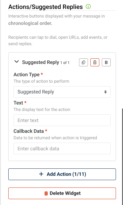 action settings for adding an action
