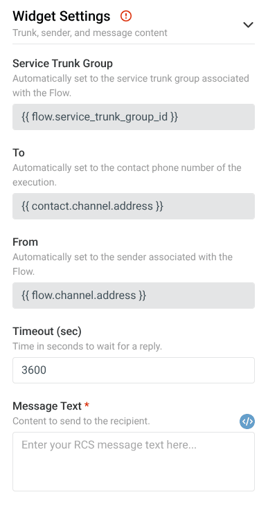 send rcs & wait for reply widget settings