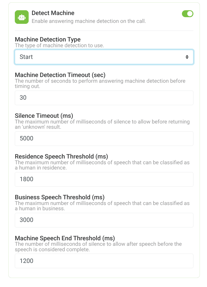 machine detection settings under the make outbound call widget