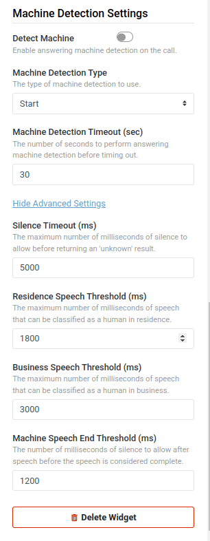 machine detection settings under the make outbound call widget