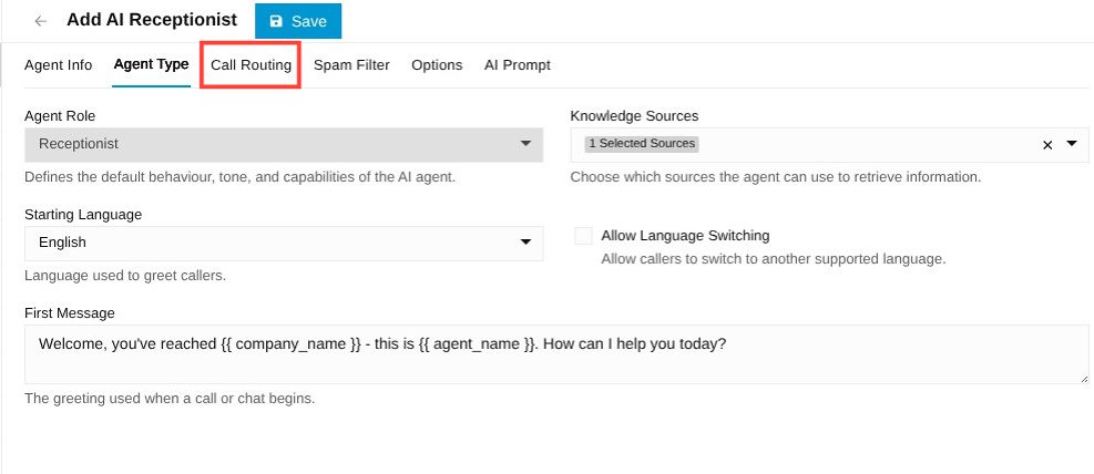 call routing tab