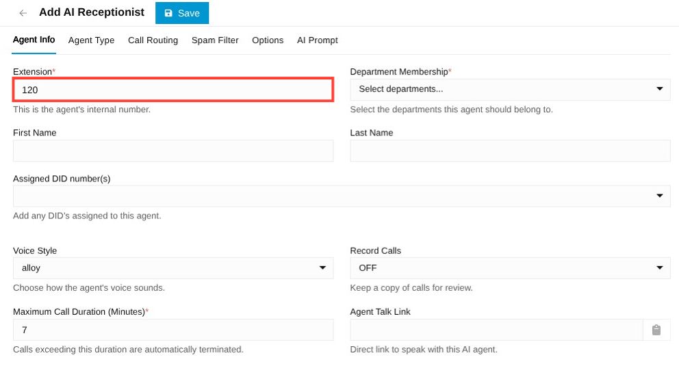 extension field under the agent info tab