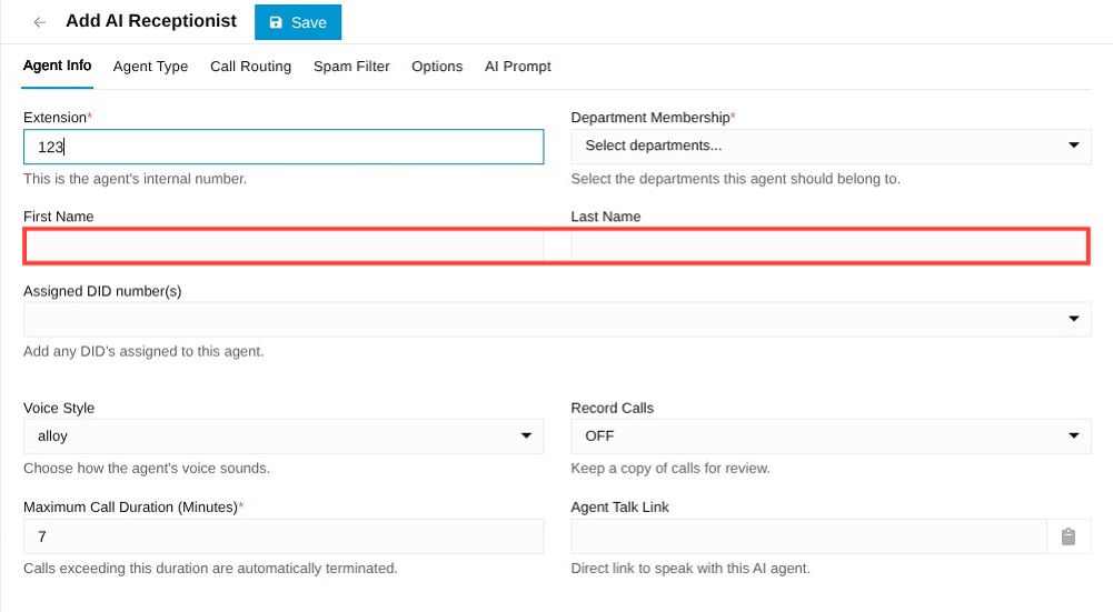 first name and last name field in the agent info tab