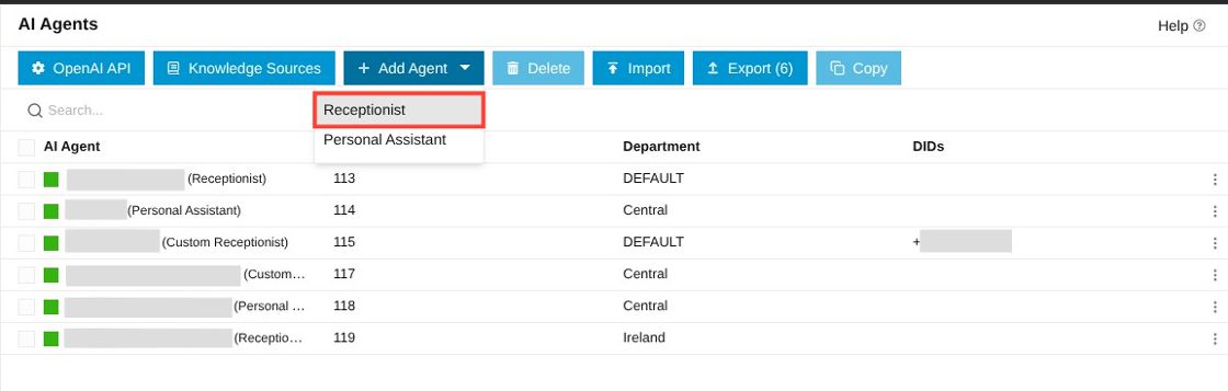 add AI receptionist option in add agent dropdown