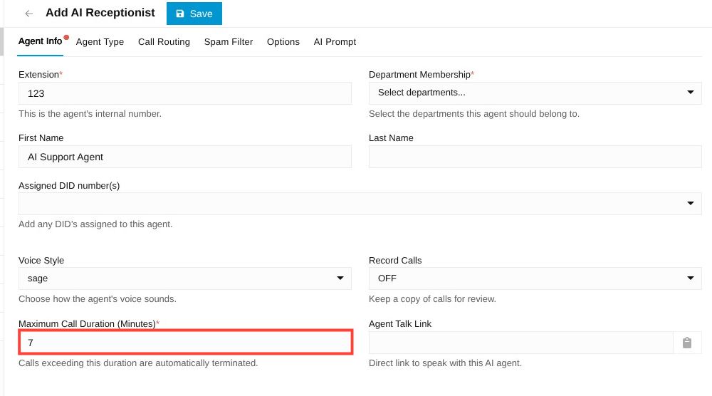 maximum call duration field