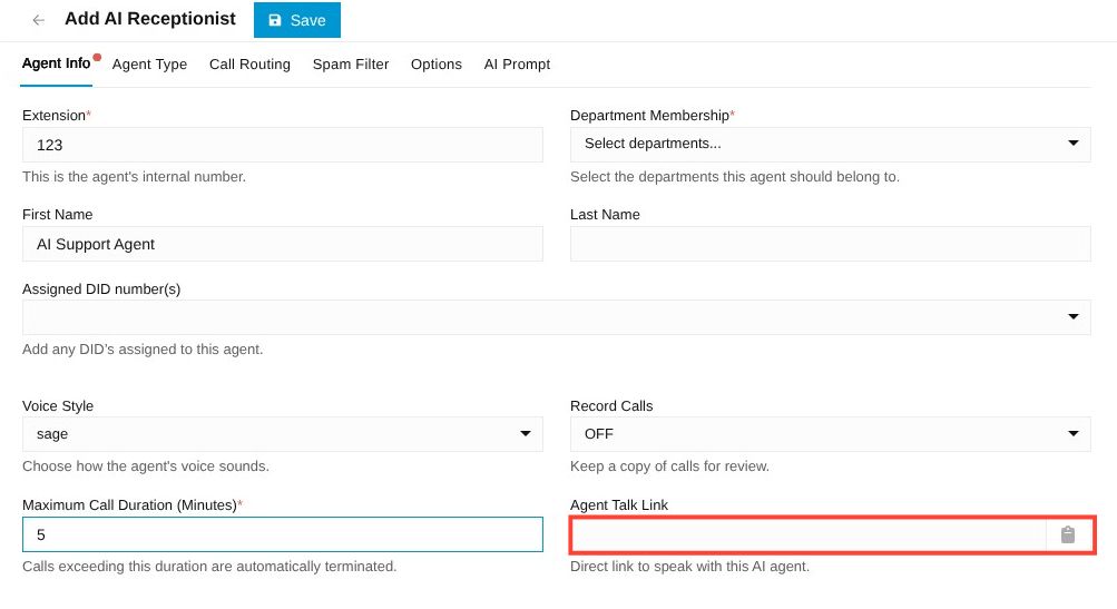 agent talk link field