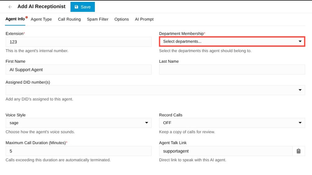 department membership dropdown under agent info