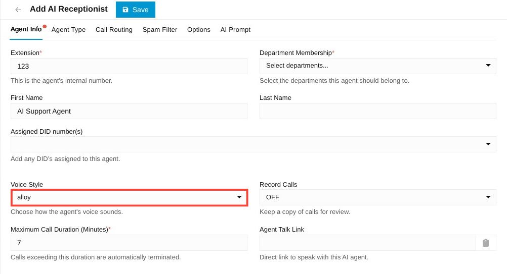 voice style dropdown in agent info tab