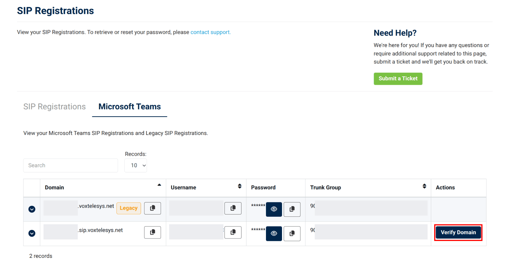 verify domain button under actions in the voxtelesys portal
